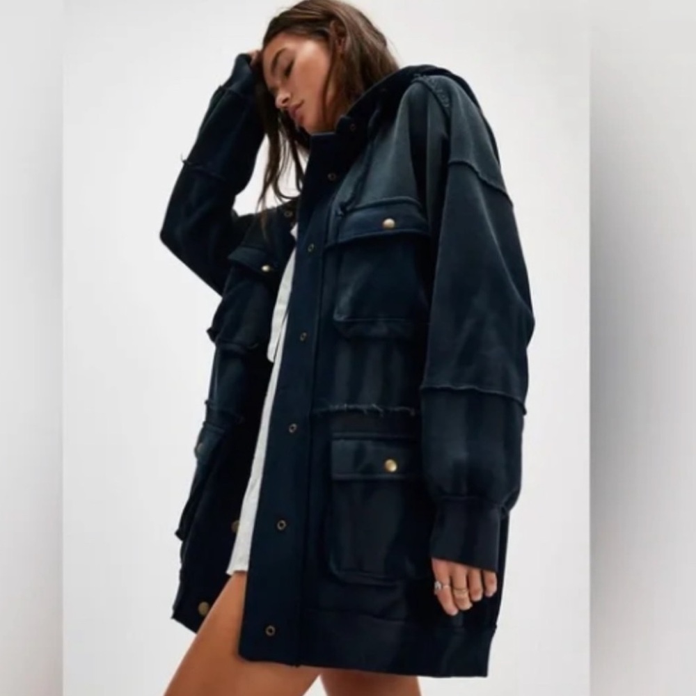 NWT FREE PEOPLE WE THE FREE Dark Navy You're A Star LONG Hoodie SZ L